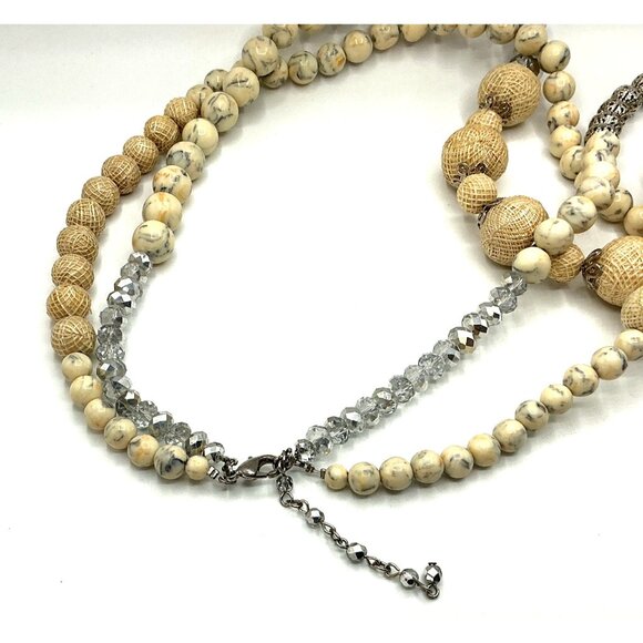 Layered Mixed Bead Necklace With Beige and Silver Tones Adjustable Clasp - Picture 6 of 8